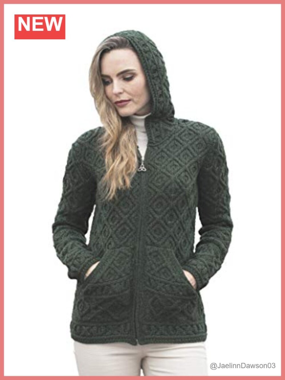 Merino Wool Hooded Cardigan Honeycomb Cable Knit Zip Up